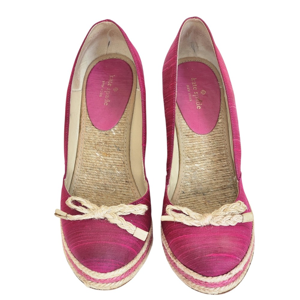 Kate Spade New York Pink Silk Espadrille Wedge Pumps Rope Bow Heels Womens 7 - Picture 4 of 9